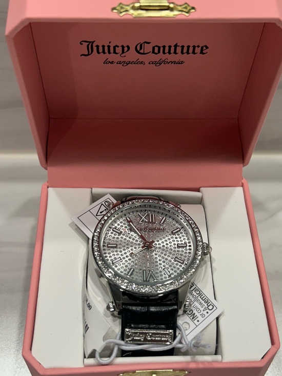 Juicy Couture Accessories - Juicy Couture Silver Crystal Dial Watch with Black Strap in Pink Box